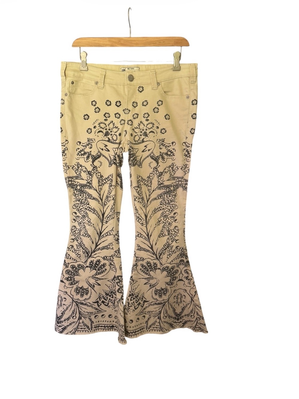 Free People Cream Wide-Leg Printed Flare Pants